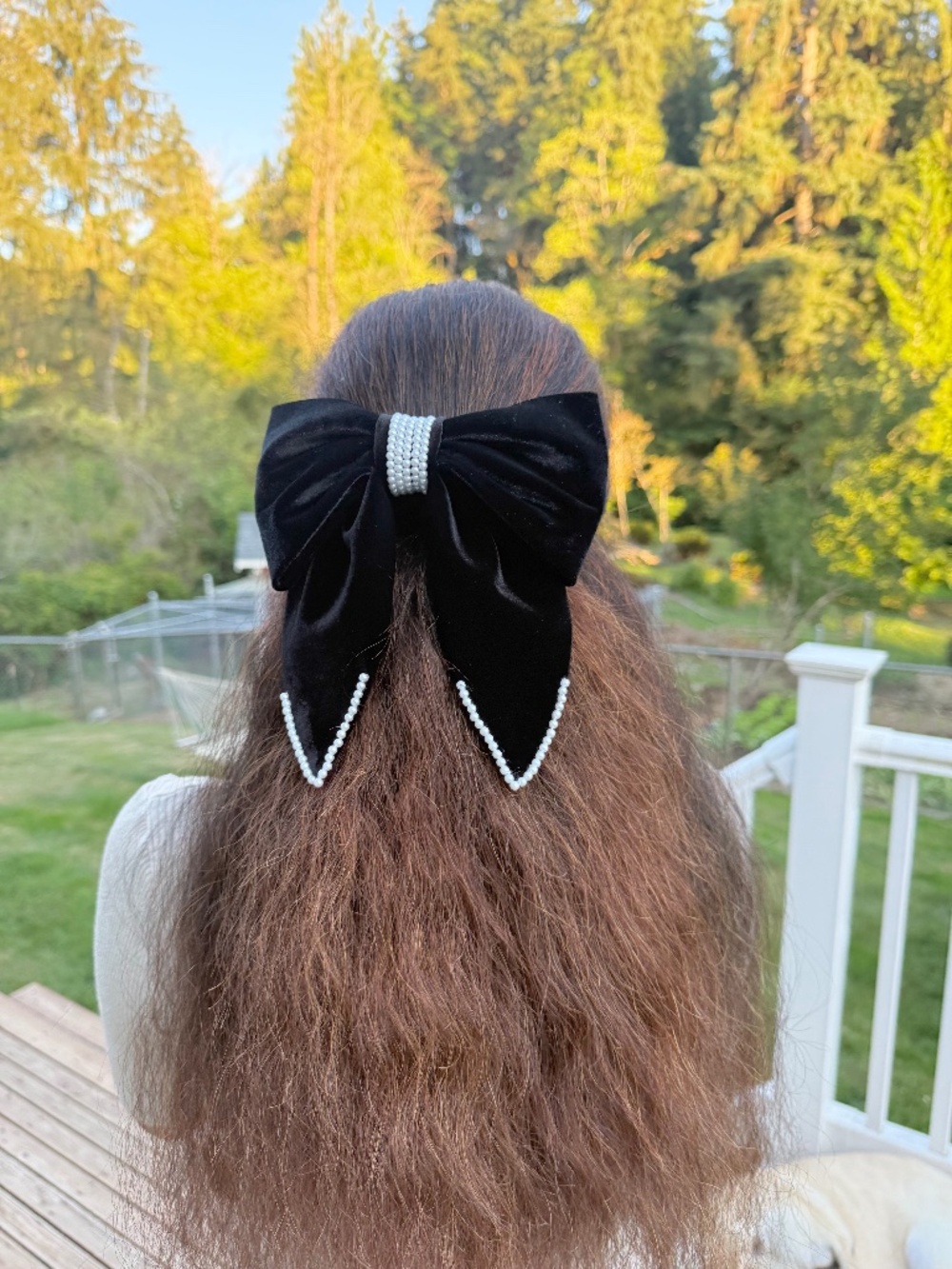 Black velvet pearls hair bow
